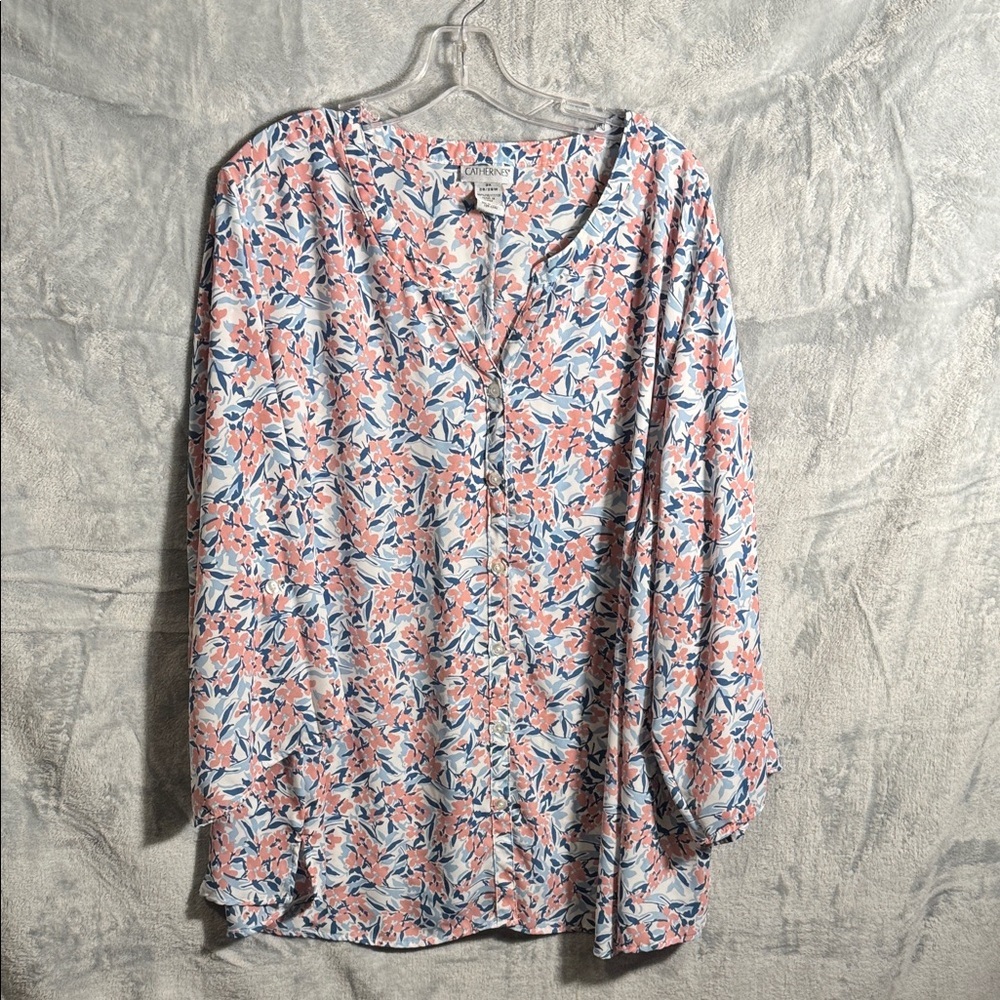 Catherines blouse 3X plus size button up Pink Blue Floral Blouse rolled sleeve